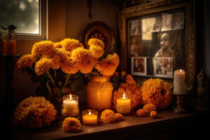 An ofrenda featuring pictures of loved ones.