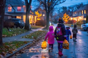 Four young children trick-or-treating during halloween evening.
