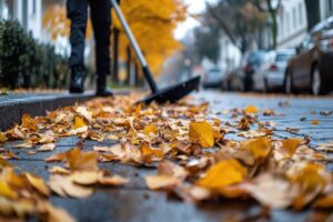 A person is sweeping up fallen autumn leaves on a wet street.