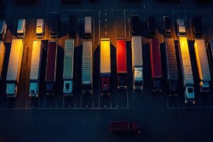 Semi-trucks parked safely overnight in a designated lot.