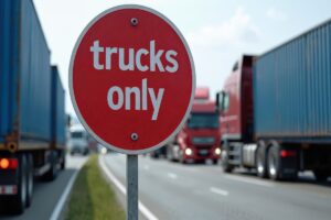 Red traffic sign says trucks only.