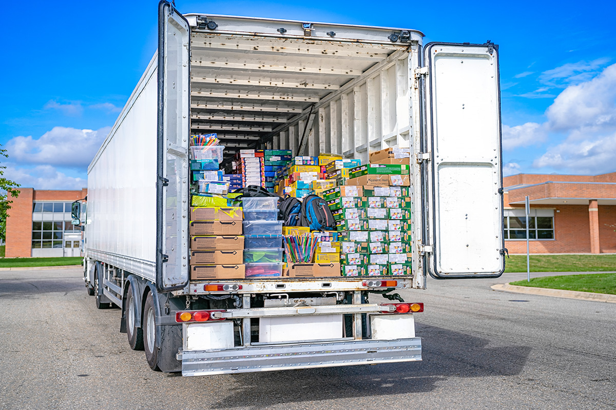 A semi-truck carrying back-to-school supplies.