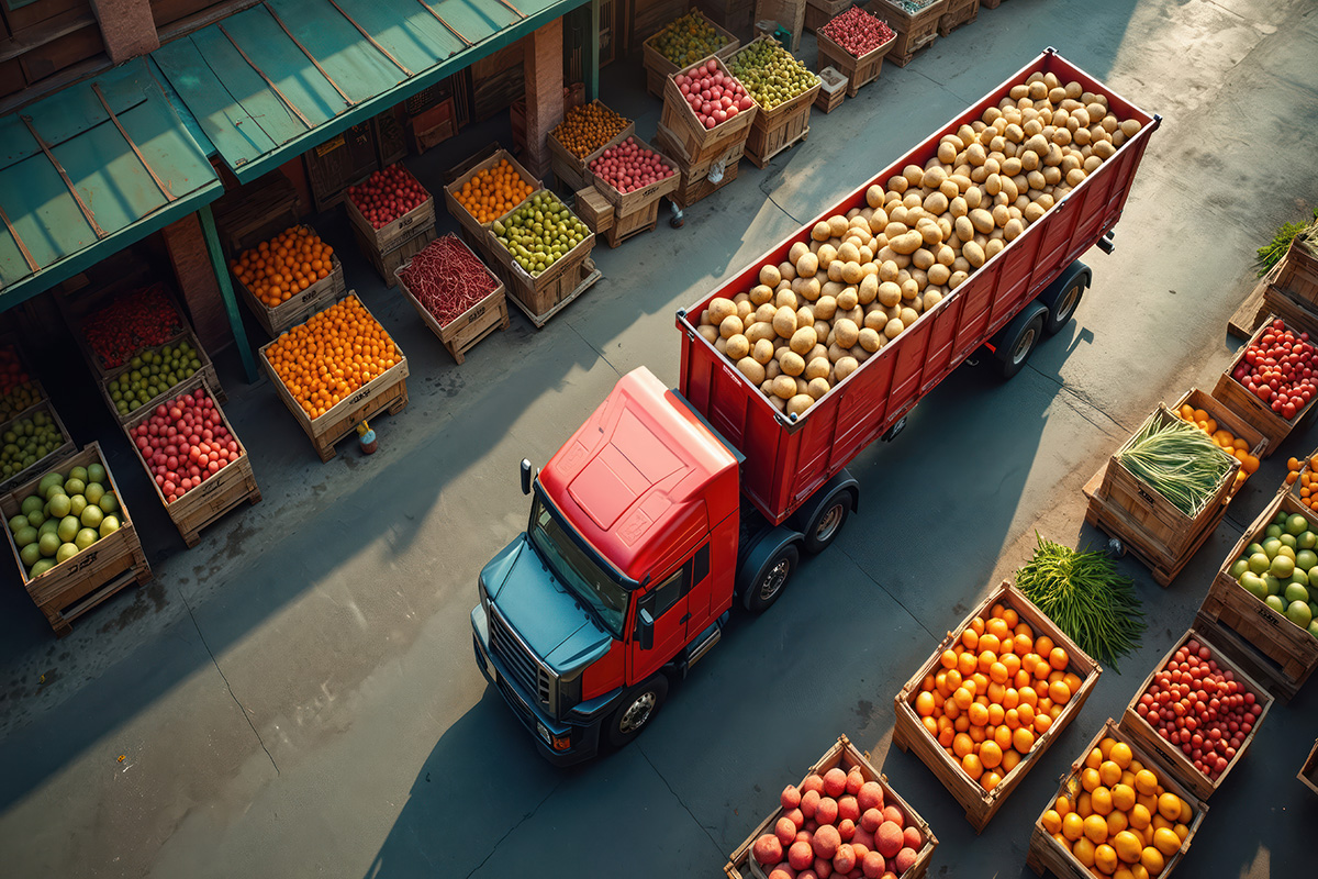 Truck transporting Spring harvest produce.
