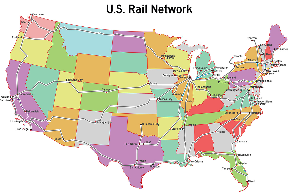 Map of America's freight rail system of tracks.